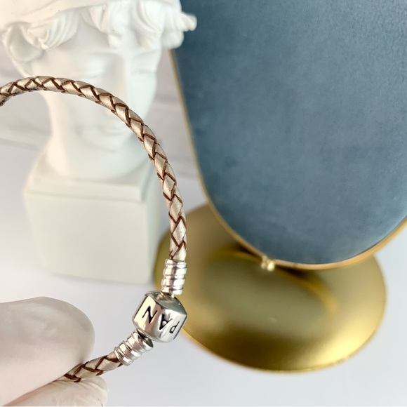 Pandora Woven Champagne Leather Bracelet Size 7.1" - Picture 6 of 8